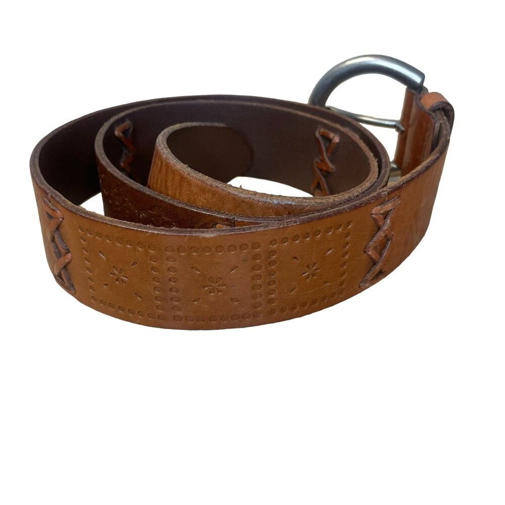 Fossil Patchwork Tooled Leather Western X Belt Wo… - image 1